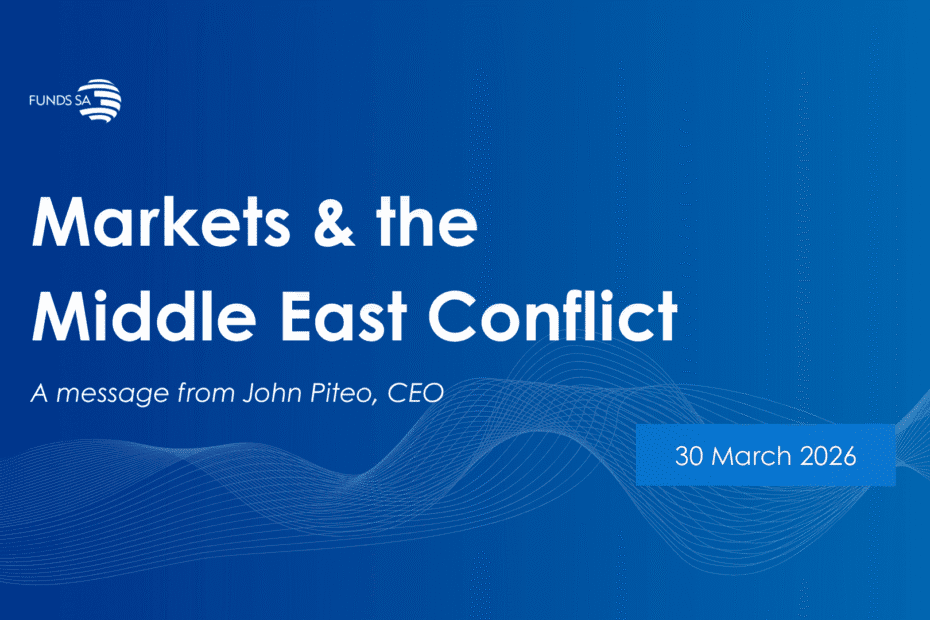 a Funds SA video titled “Markets & the Middle East Conflict”. Subtitle reads “A message from John Piteo, CEO” March 2026
